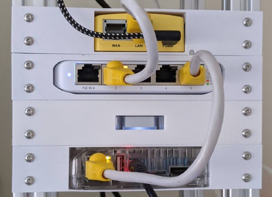 6" Rack Mount, GL.iNet mt300n v2, USW Flex Mini, Odroid XU4, Google Coral Stick | 3d print model