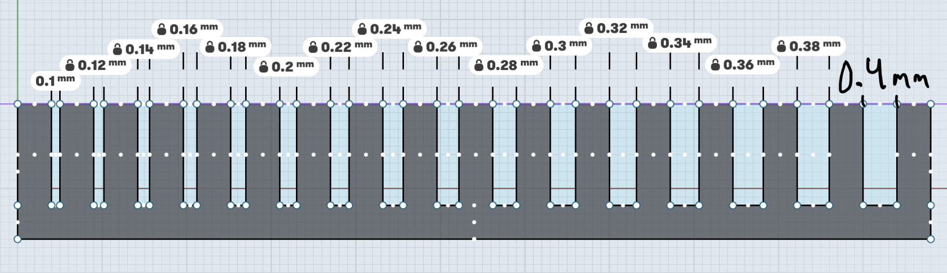 Tiny Tolerance Test for 0.4mm Nozzle 0.1-0.4mm Incremental by 0.02mm