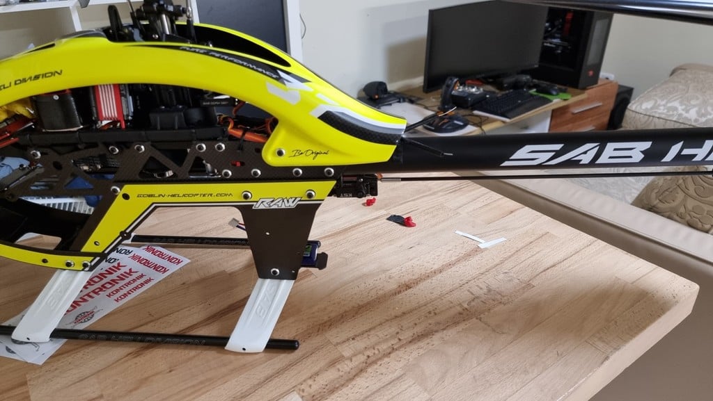 Sab Goblin Raw. Antenna Guide Swash Leveler and receiver tray.