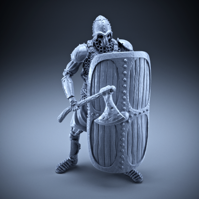 Skeleton - Heavy Infantry - Axe + Square Shield - Defensive Pose | 3d print model