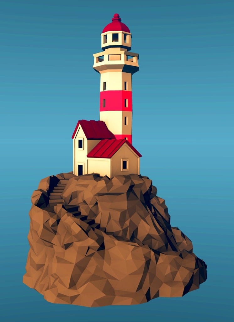 Lighthouse on a rock, low-poly edition