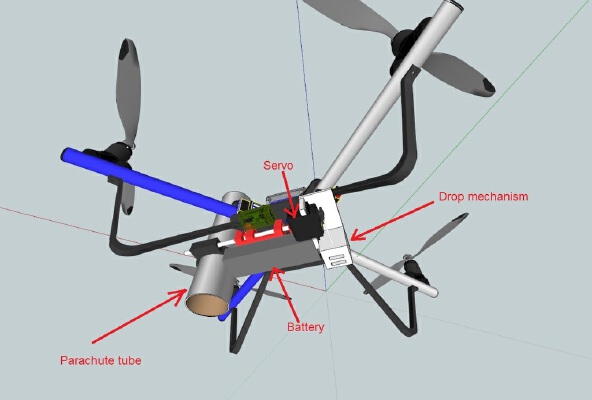 Drop Mechanism (with parachute) for Parallax ELEV-8 and various drones | 3d print model