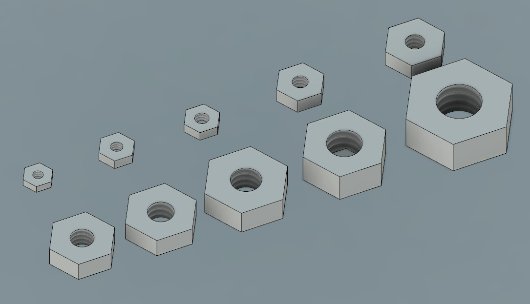 Standard Nuts, f3d, stp and STL files (Size #0 through 5_16in)