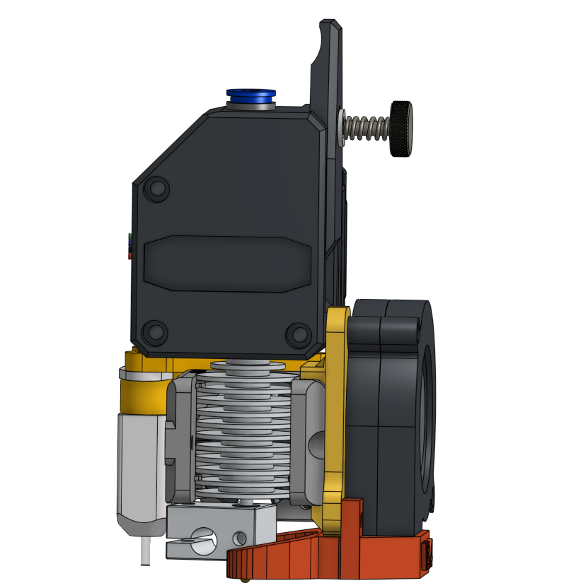 BMG mounted E3D V6 fan adaptor with Prusa layer cooler, and redesigned parts to fit PrinterMods direct drive bracket